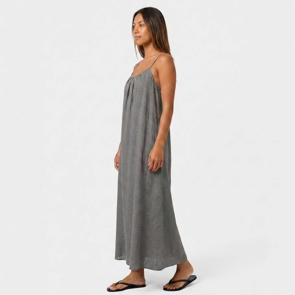 Robe Maxi Lin Bretelles Fines Encolure Froncée Coupe Ample Pour Femme