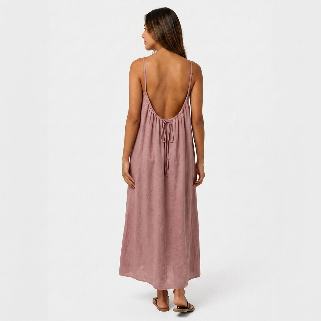 Robe Maxi Lin Bretelles Fines Encolure Froncée Coupe Ample Pour Femme