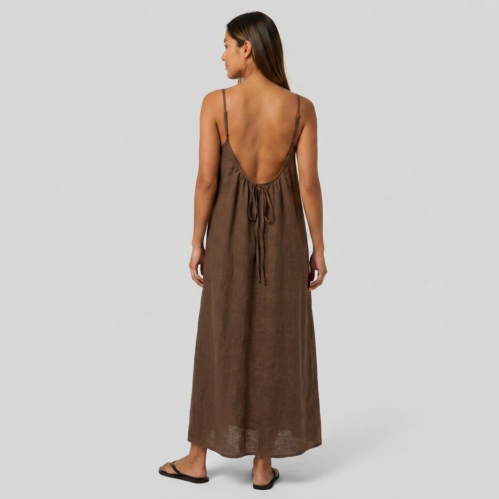 Robe Maxi Lin Bretelles Fines Encolure Froncée Coupe Ample Pour Femme