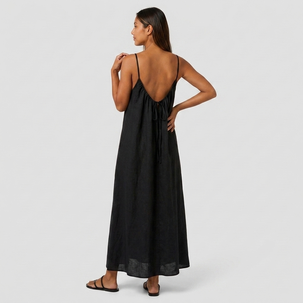 Robe Maxi Lin Bretelles Fines Encolure Froncée Coupe Ample Pour Femme