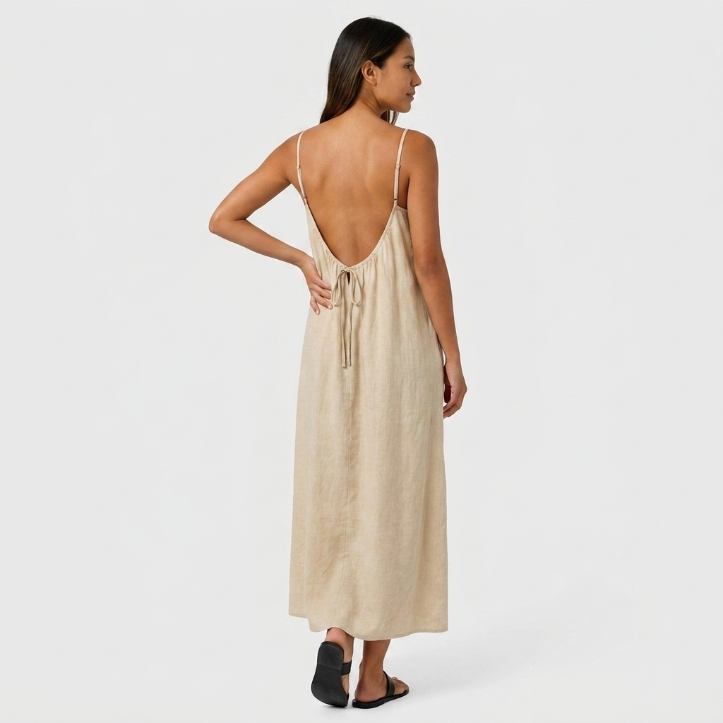 Robe Maxi Lin Bretelles Fines Encolure Froncée Coupe Ample Pour Femme
