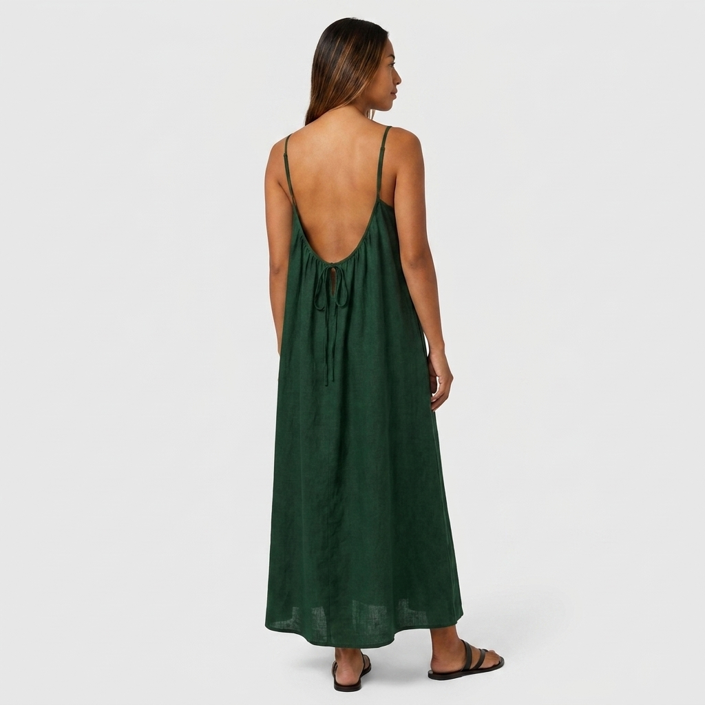 Robe Maxi Lin Bretelles Fines Encolure Froncée Coupe Ample Pour Femme