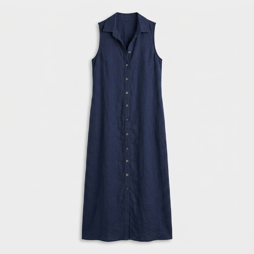 Robe Chemise Maxi Lin Sans Manches Boutonnée Col Chemise Pour Femme
