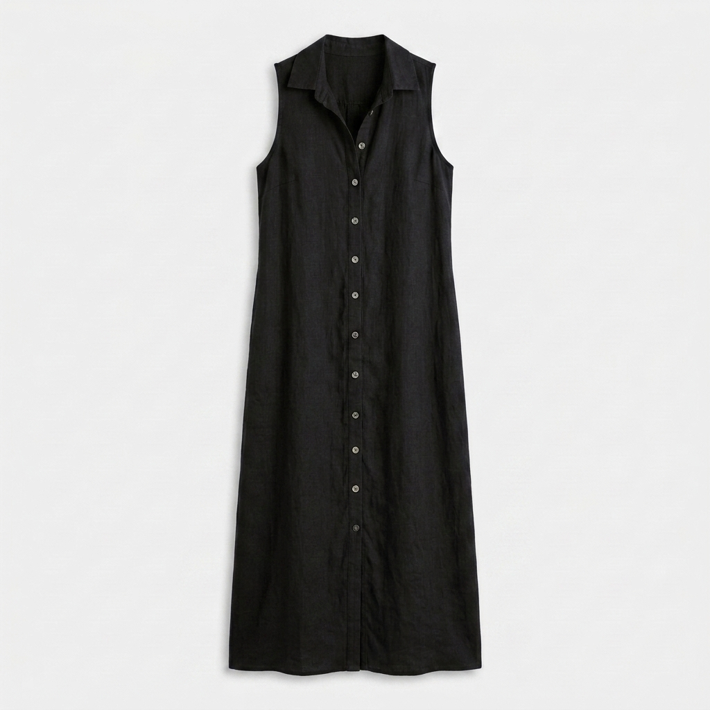 Robe Chemise Maxi Lin Sans Manches Boutonnée Col Chemise Pour Femme