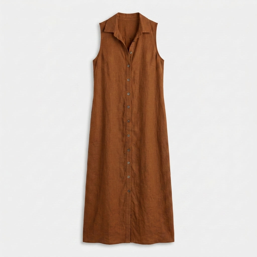 Robe Chemise Maxi Lin Sans Manches Boutonnée Col Chemise Pour Femme