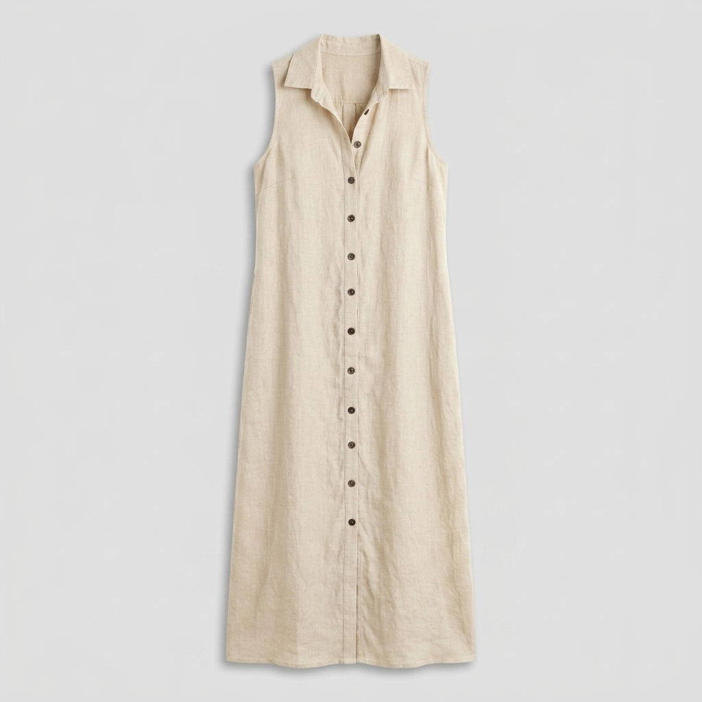 Robe Chemise Maxi Lin Sans Manches Boutonnée Col Chemise Pour Femme