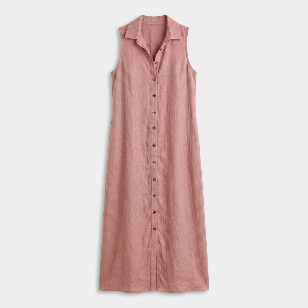 Robe Chemise Maxi Lin Sans Manches Boutonnée Col Chemise Pour Femme