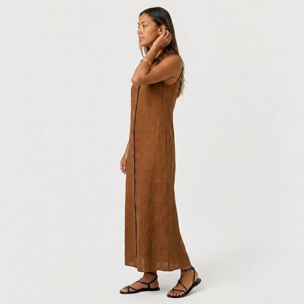 Robe Chemise Maxi Lin Sans Manches Boutonnée Col Chemise Pour Femme