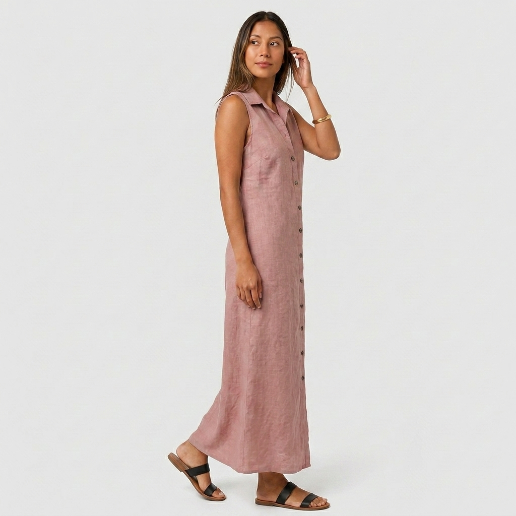 Robe Chemise Maxi Lin Sans Manches Boutonnée Col Chemise Pour Femme