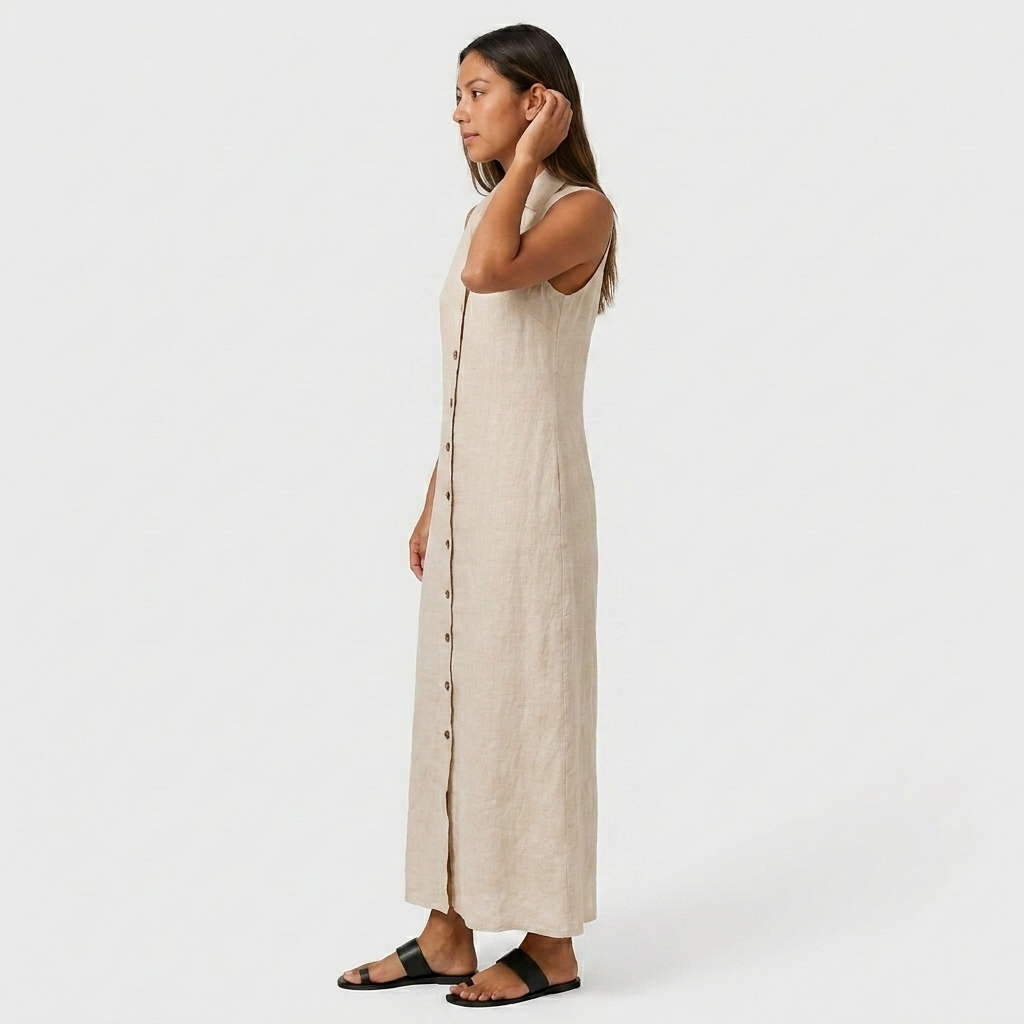 Robe Chemise Maxi Lin Sans Manches Boutonnée Col Chemise Pour Femme