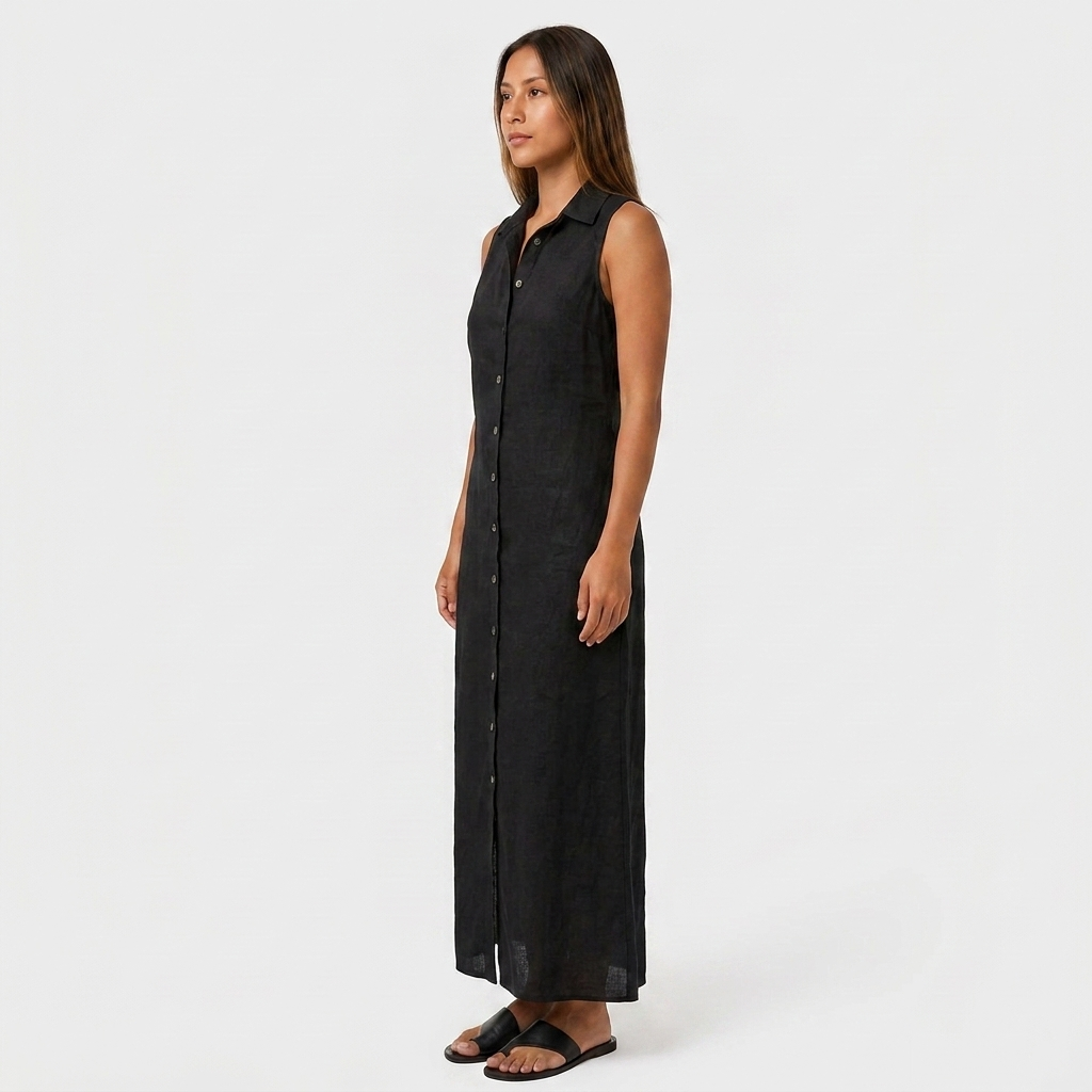 Robe Chemise Maxi Lin Sans Manches Boutonnée Col Chemise Pour Femme