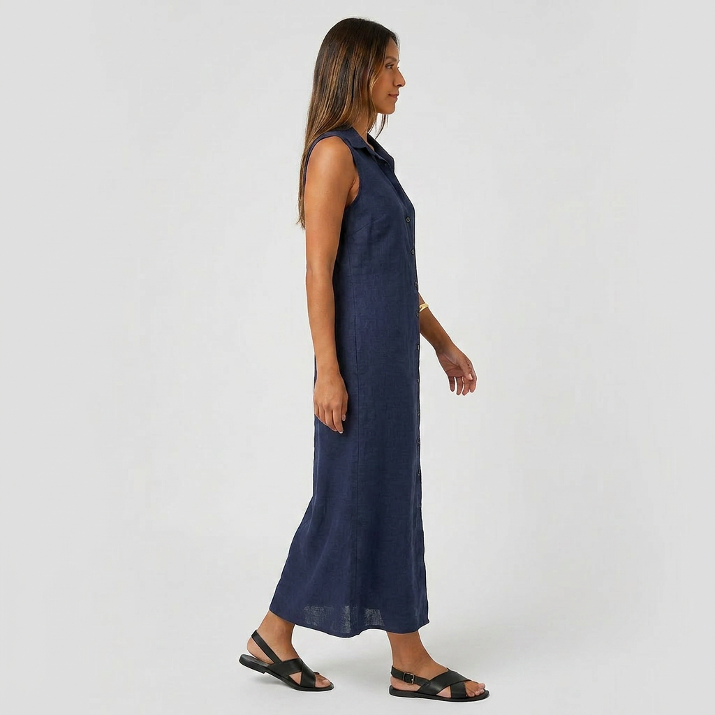 Robe Chemise Maxi Lin Sans Manches Boutonnée Col Chemise Pour Femme