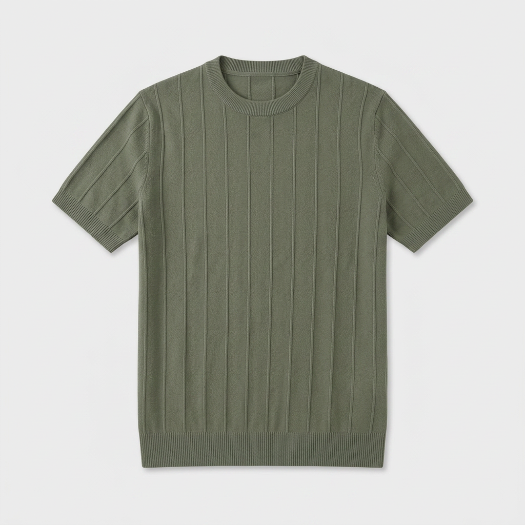 Tee-Shirt en Maille Côtelée à Manches Courtes pour Homme