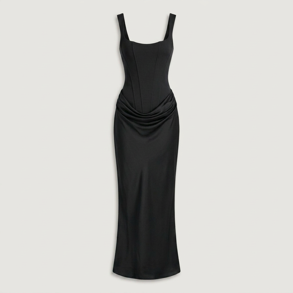 Robe Maxi Satin Corset Bustier Col Carré Drapée Pour Femme