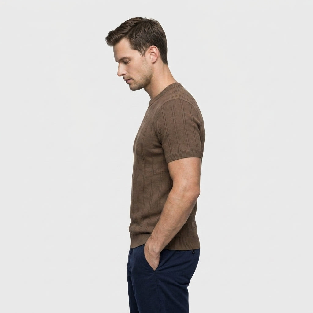 Tee-Shirt en Maille Côtelée à Manches Courtes pour Homme