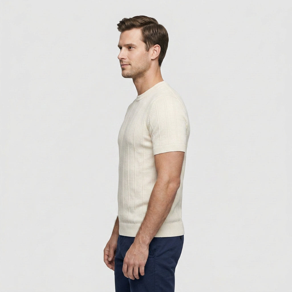 Tee-Shirt en Maille Côtelée à Manches Courtes pour Homme