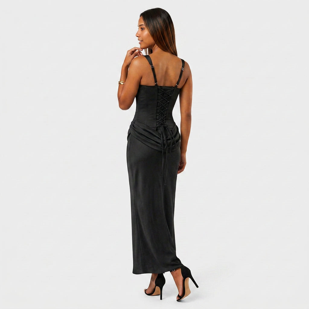 Robe Maxi Satin Corset Bustier Col Carré Drapée Pour Femme