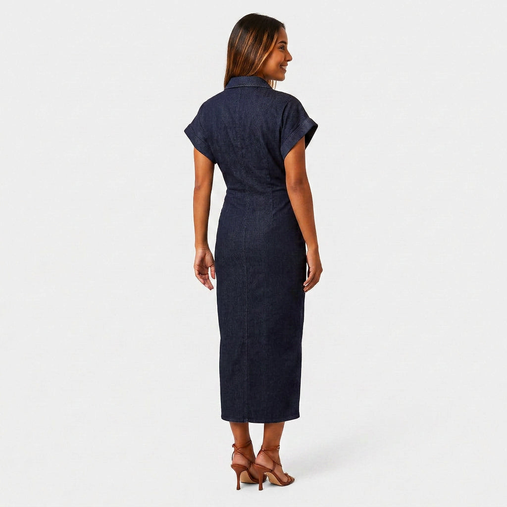 Robe Chemise Midi Boutonnée Poches Poitrine Manches Courtes Pour Femme