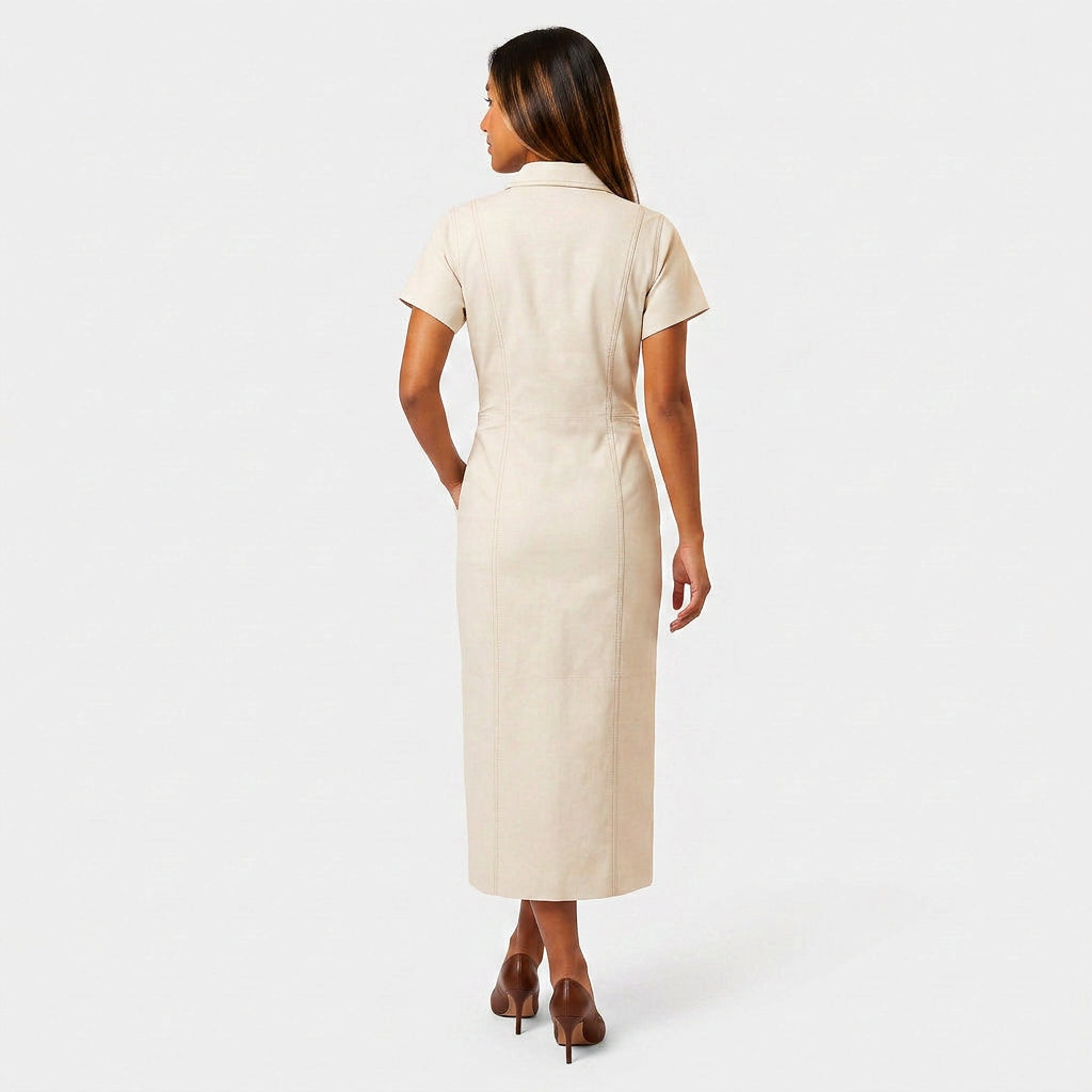 Robe Chemise Midi Boutonnée Poches Poitrine Manches Courtes Pour Femme