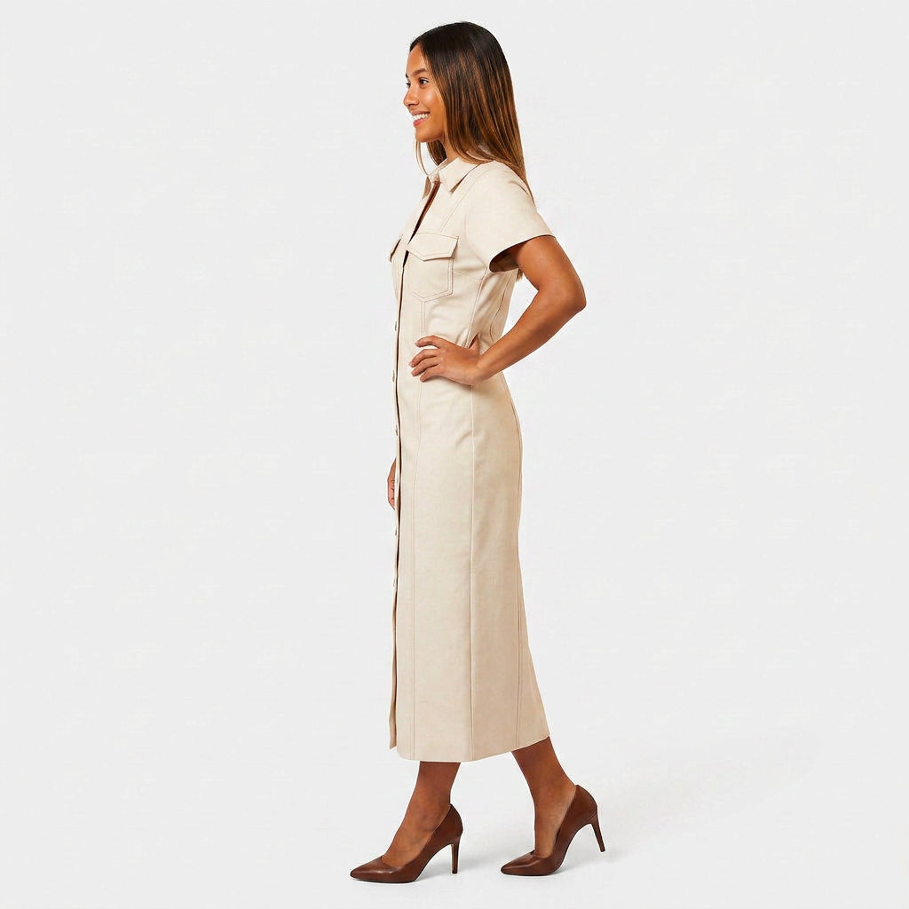 Robe Chemise Midi Boutonnée Poches Poitrine Manches Courtes Pour Femme