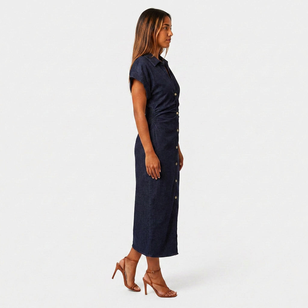 Robe Chemise Midi Boutonnée Poches Poitrine Manches Courtes Pour Femme