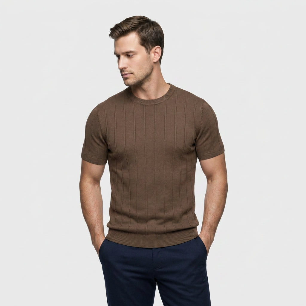 Tee-Shirt en Maille Côtelée à Manches Courtes pour Homme