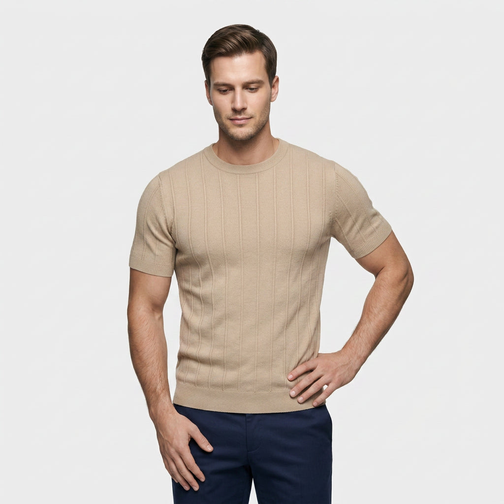 Tee-Shirt en Maille Côtelée à Manches Courtes pour Homme