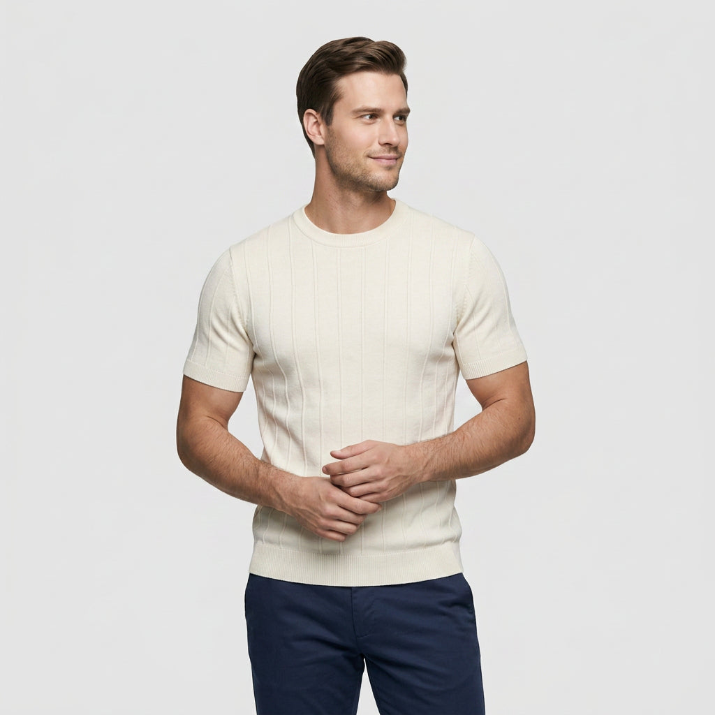 Tee-Shirt en Maille Côtelée à Manches Courtes pour Homme