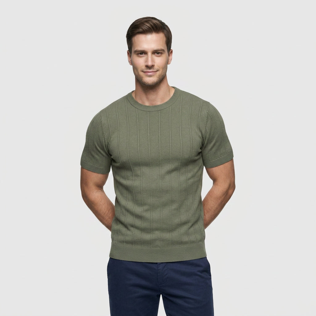 Tee-Shirt en Maille Côtelée à Manches Courtes pour Homme