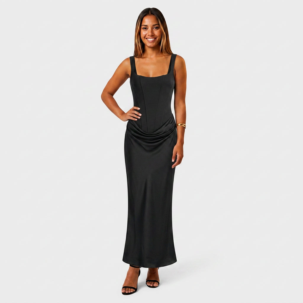 Robe Maxi Satin Corset Bustier Col Carré Drapée Pour Femme