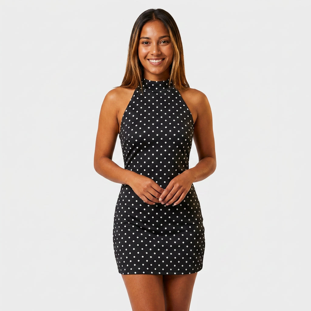 Robe Mini Col Halter Pois Coupe Ajustée Pour Femme