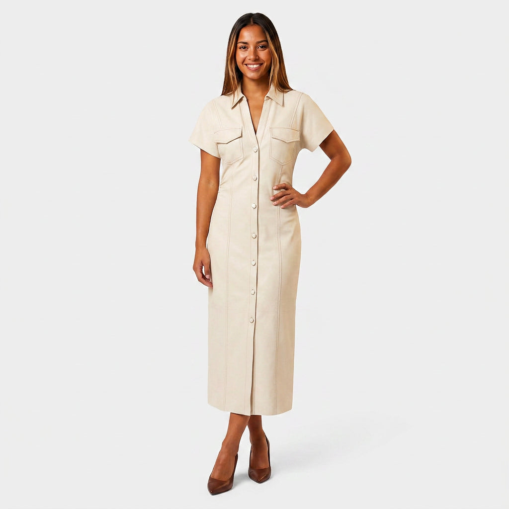 Robe Chemise Midi Boutonnée Poches Poitrine Manches Courtes Pour Femme