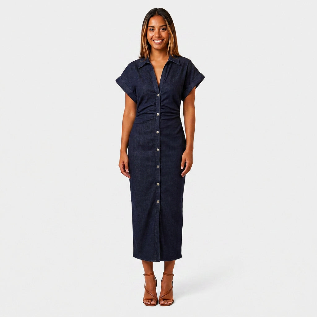 Robe Chemise Midi Boutonnée Poches Poitrine Manches Courtes Pour Femme