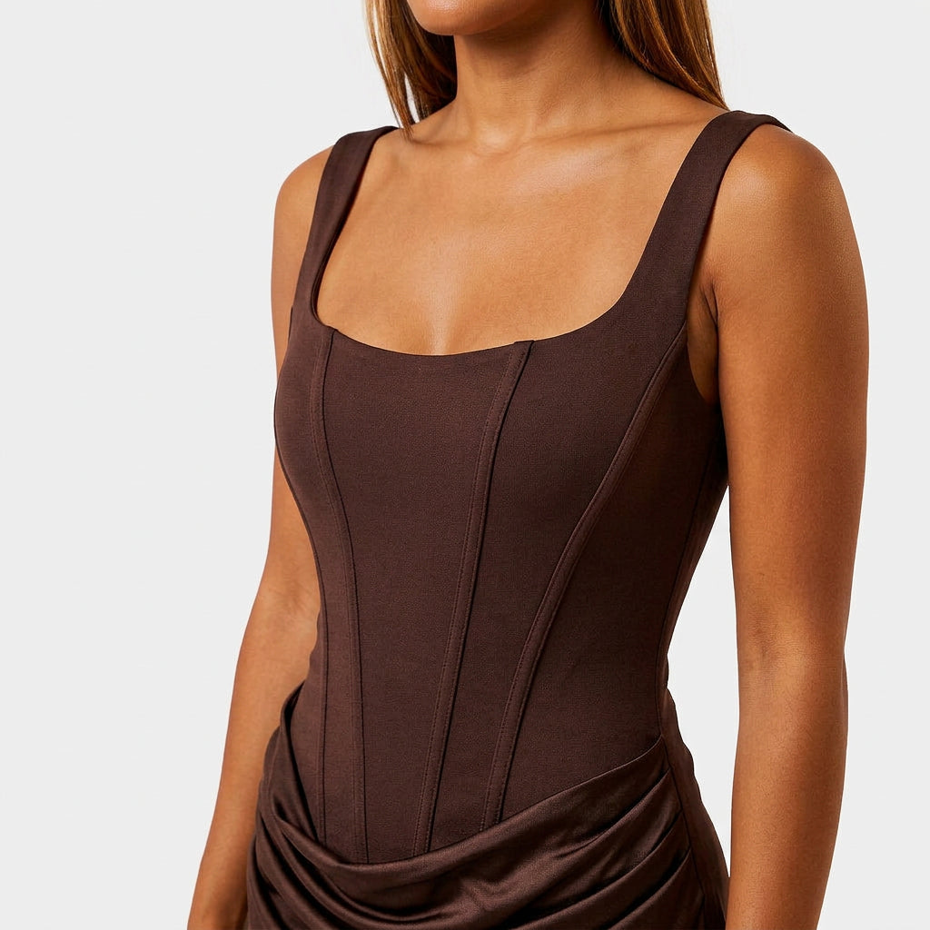 Robe Maxi Satin Corset Bustier Col Carré Drapée Pour Femme
