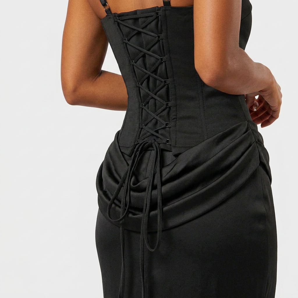 Robe Maxi Satin Corset Bustier Col Carré Drapée Pour Femme