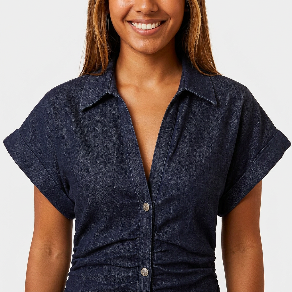 Robe Chemise Midi Boutonnée Poches Poitrine Manches Courtes Pour Femme