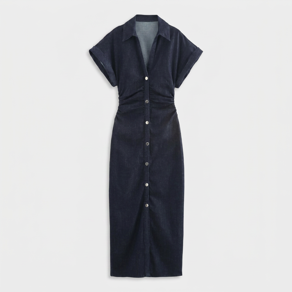 Robe Chemise Midi Boutonnée Poches Poitrine Manches Courtes Pour Femme