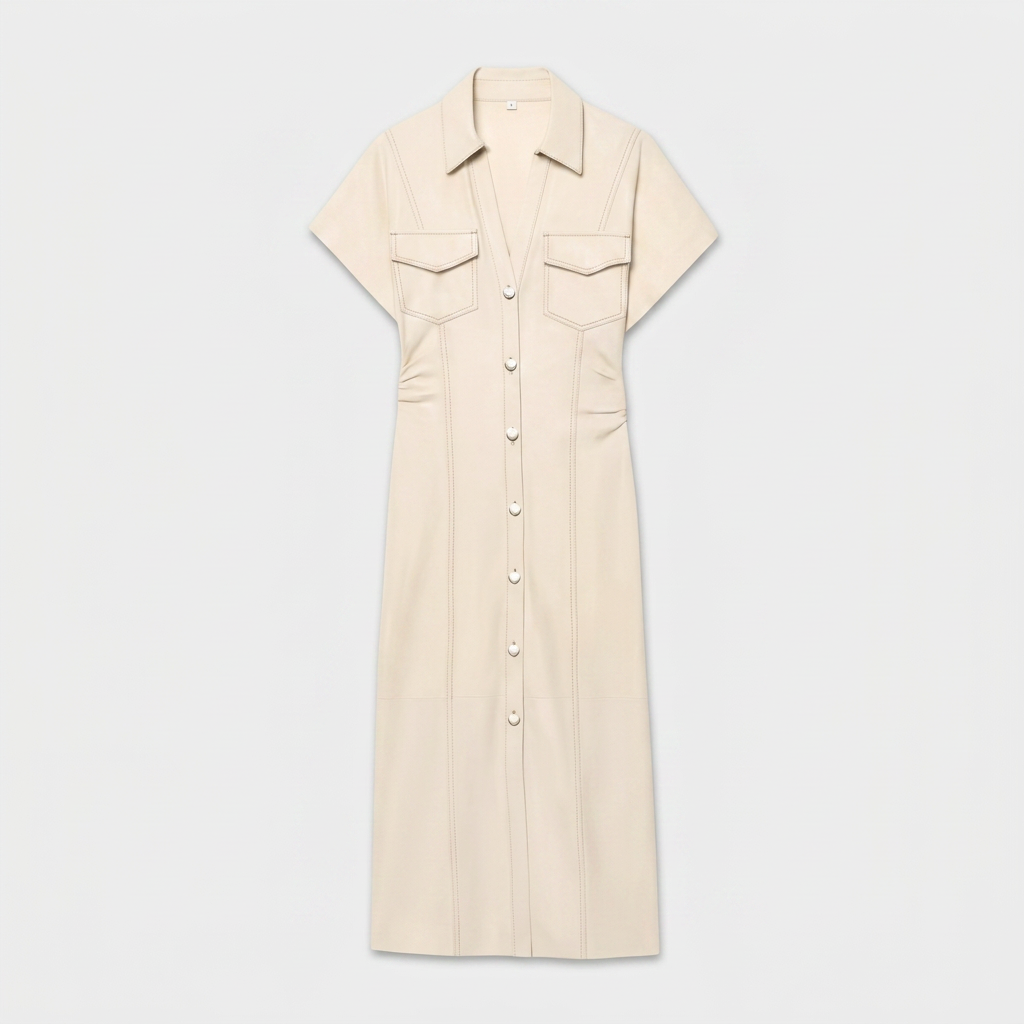 Robe Chemise Midi Boutonnée Poches Poitrine Manches Courtes Pour Femme