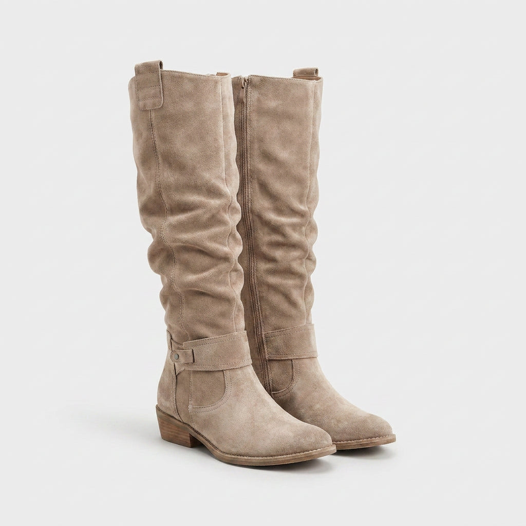 Bottes Hautes en Daim à Tige Froncée pour Femme