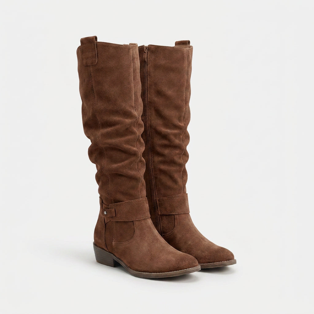 Bottes Hautes en Daim à Tige Froncée pour Femme