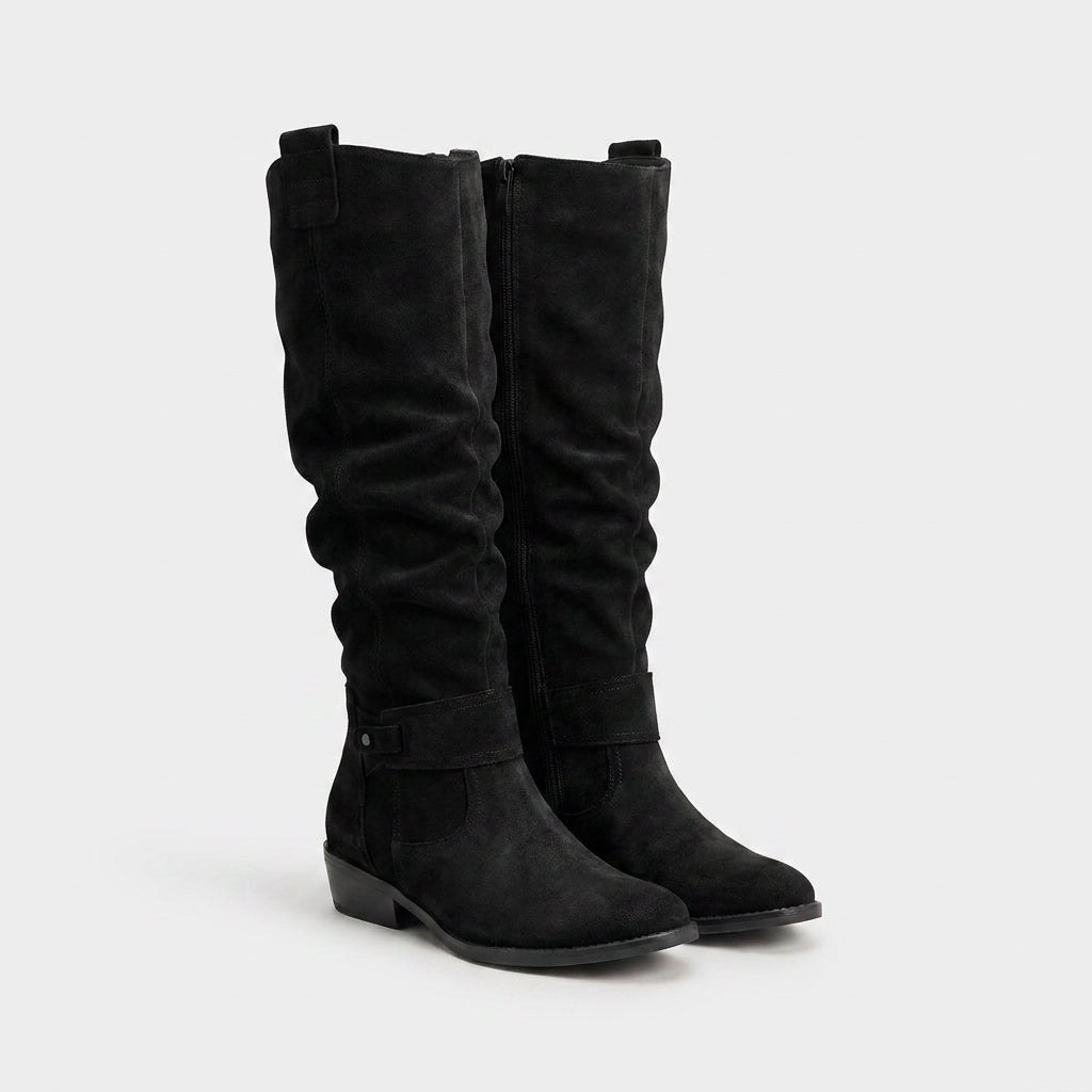 Bottes Hautes en Daim à Tige Froncée pour Femme