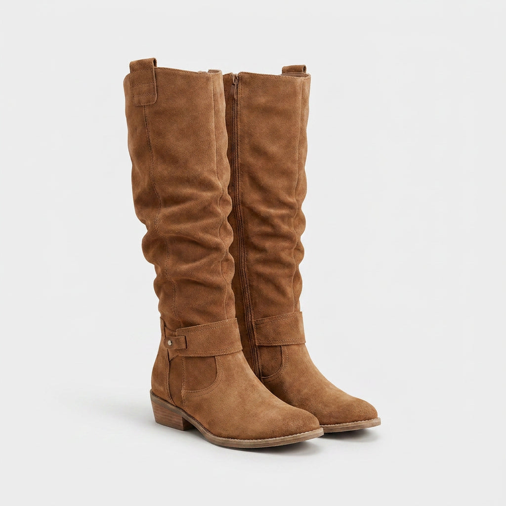 Bottes Hautes en Daim à Tige Froncée pour Femme