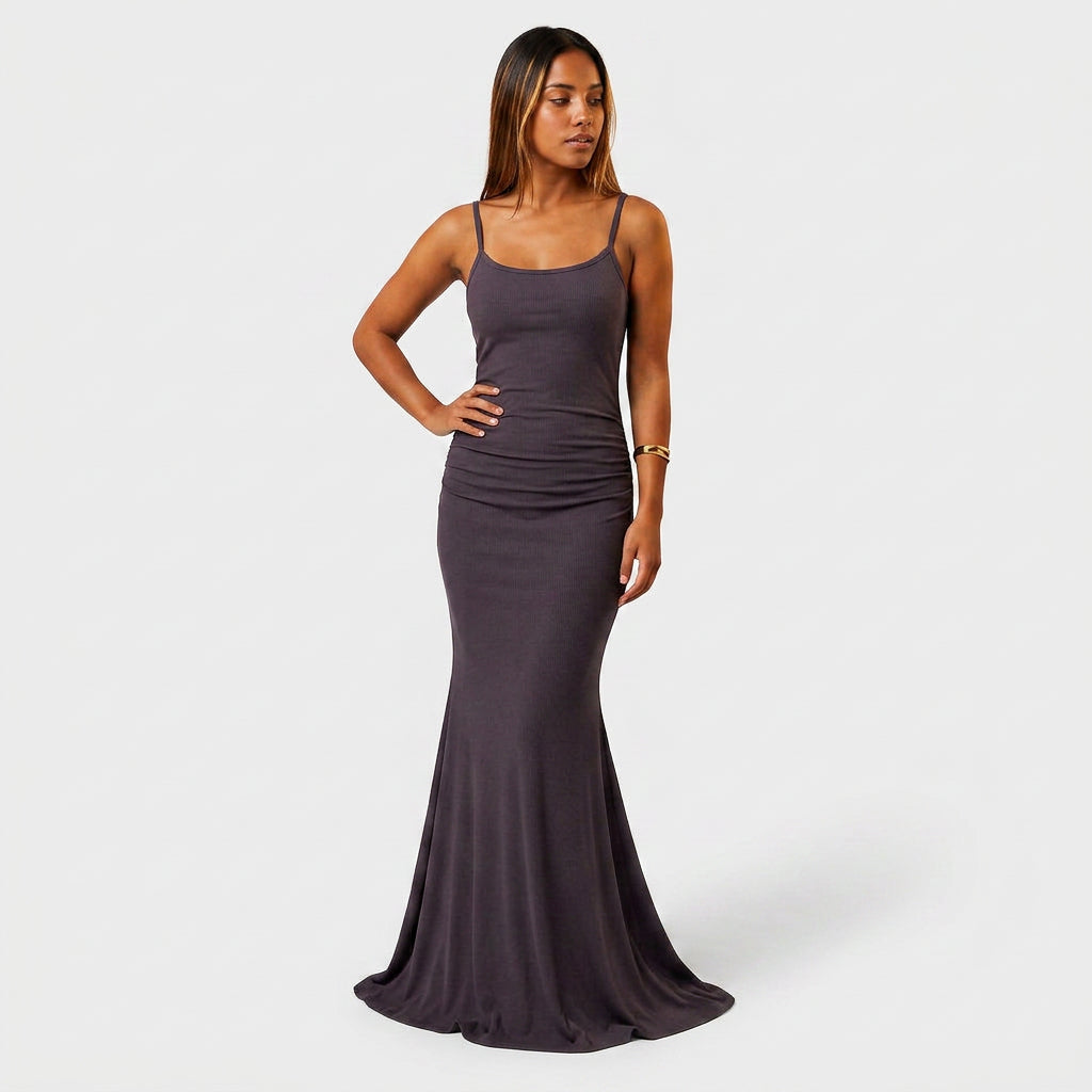 Robe Maxi Jersey Côtelé Bretelles Fines Froncée Évasée Pour Femme