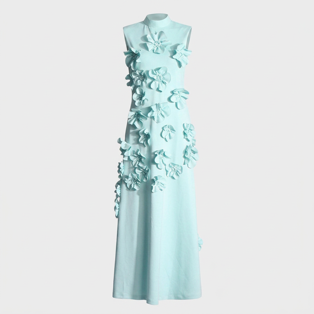 Robe Maxi Col Montant Appliqués Floraux Pour Femme