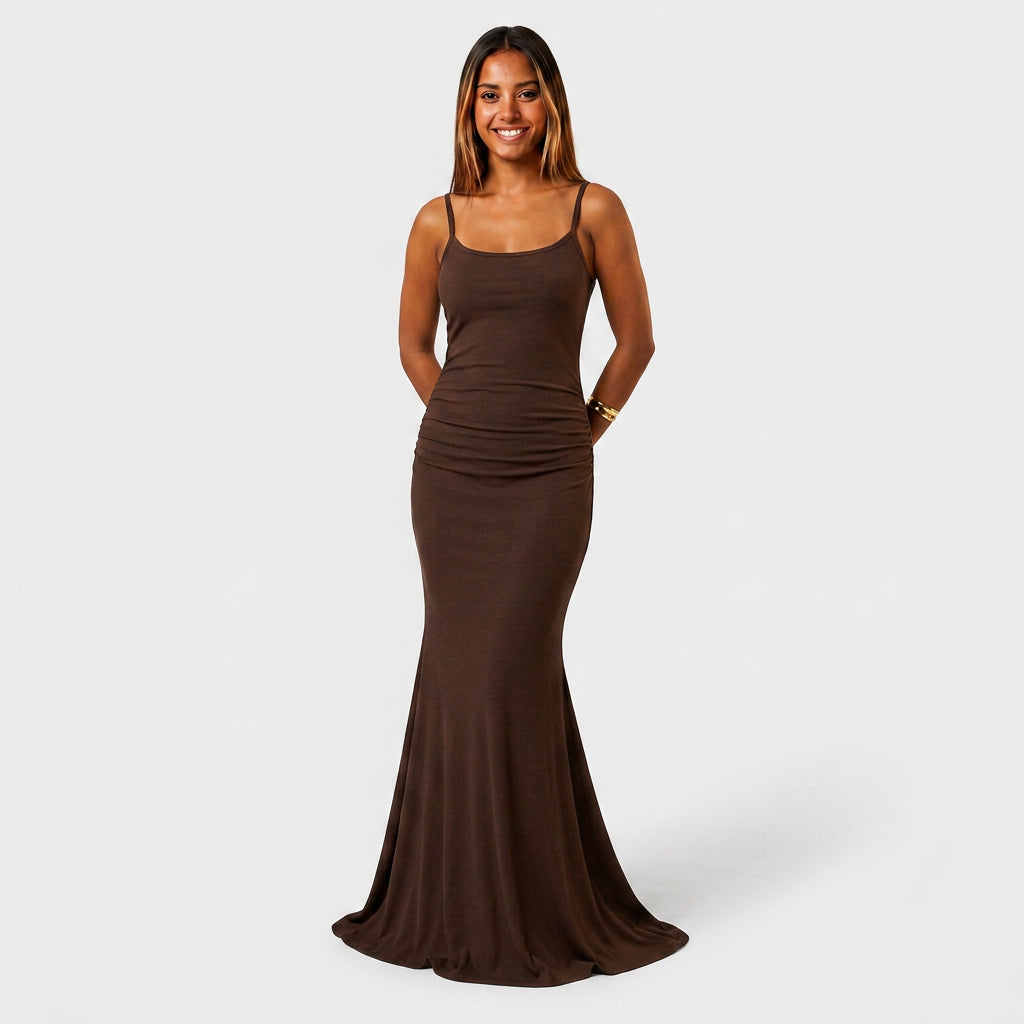 Robe Maxi Jersey Côtelé Bretelles Fines Froncée Évasée Pour Femme