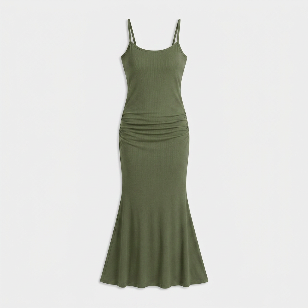 Robe Maxi Jersey Côtelé Bretelles Fines Froncée Évasée Pour Femme