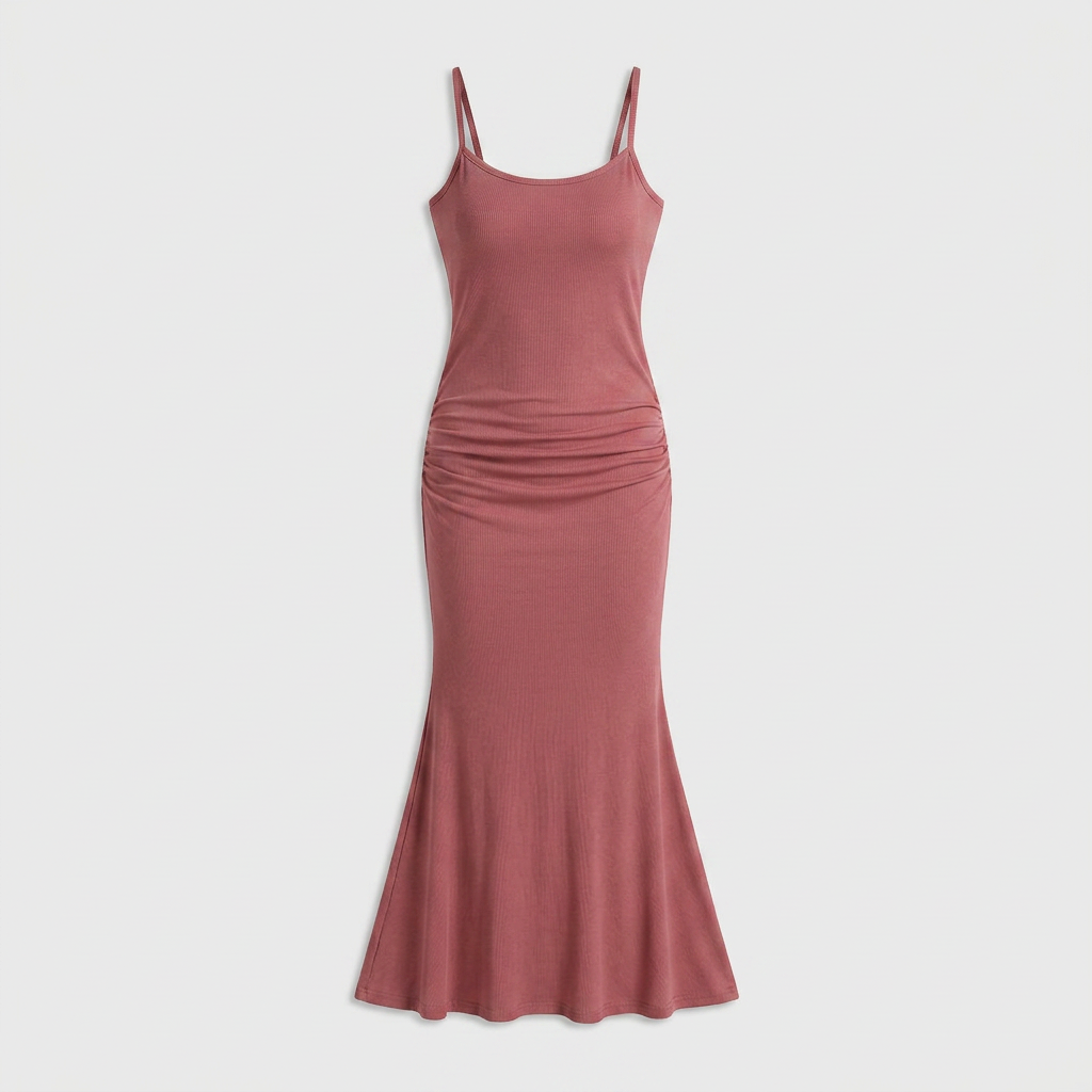Robe Maxi Jersey Côtelé Bretelles Fines Froncée Évasée Pour Femme