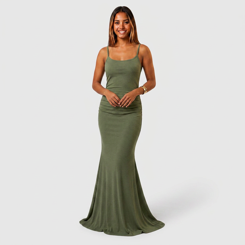 Robe Maxi Jersey Côtelé Bretelles Fines Froncée Évasée Pour Femme