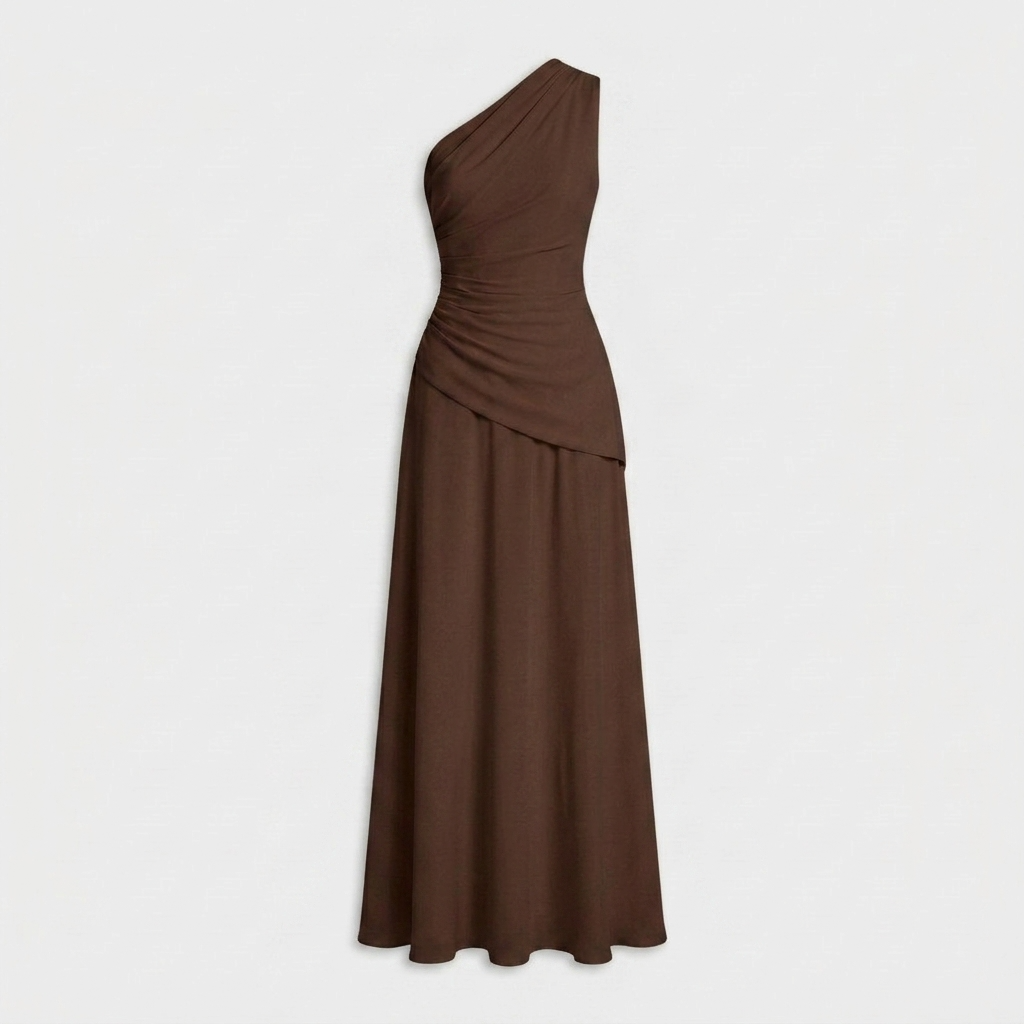 Robe Maxi Mousseline Une Épaule Drapée Évasée Pour Femme
