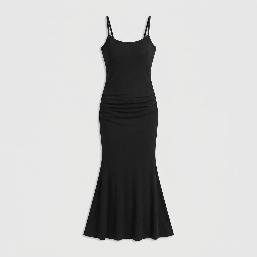 Robe Maxi Jersey Côtelé Bretelles Fines Froncée Évasée Pour Femme
